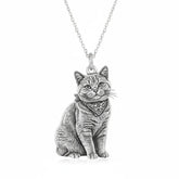 A personalized full-body cat necklace pendant made from 925 sterling silver, shown against a pure white background.