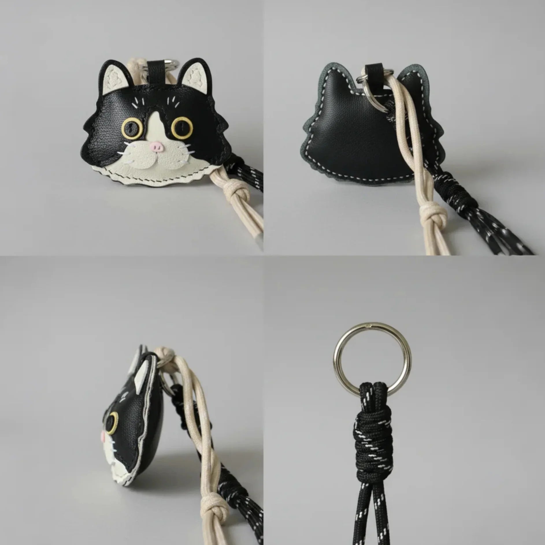 Four detailed views of a handmade custom black and white cat leather keychain, showing the front, back, and side craftsmanship.