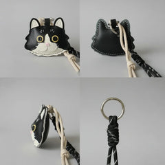 Four detailed views of a handmade custom black and white cat leather keychain, showing the front, back, and side craftsmanship.