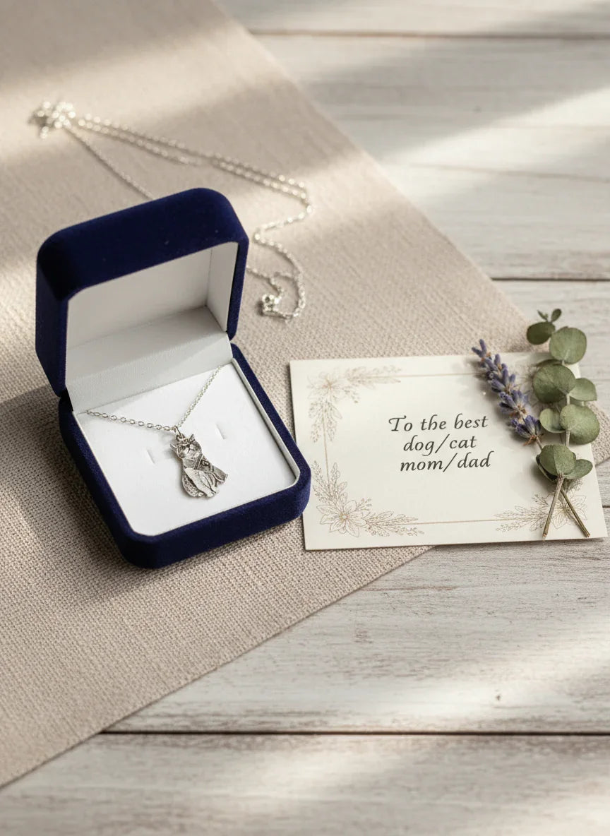 A custom silver pet cat necklace presented in a dark blue velvet gift box, alongside a card reading "To the best dog/cat mom/dad".