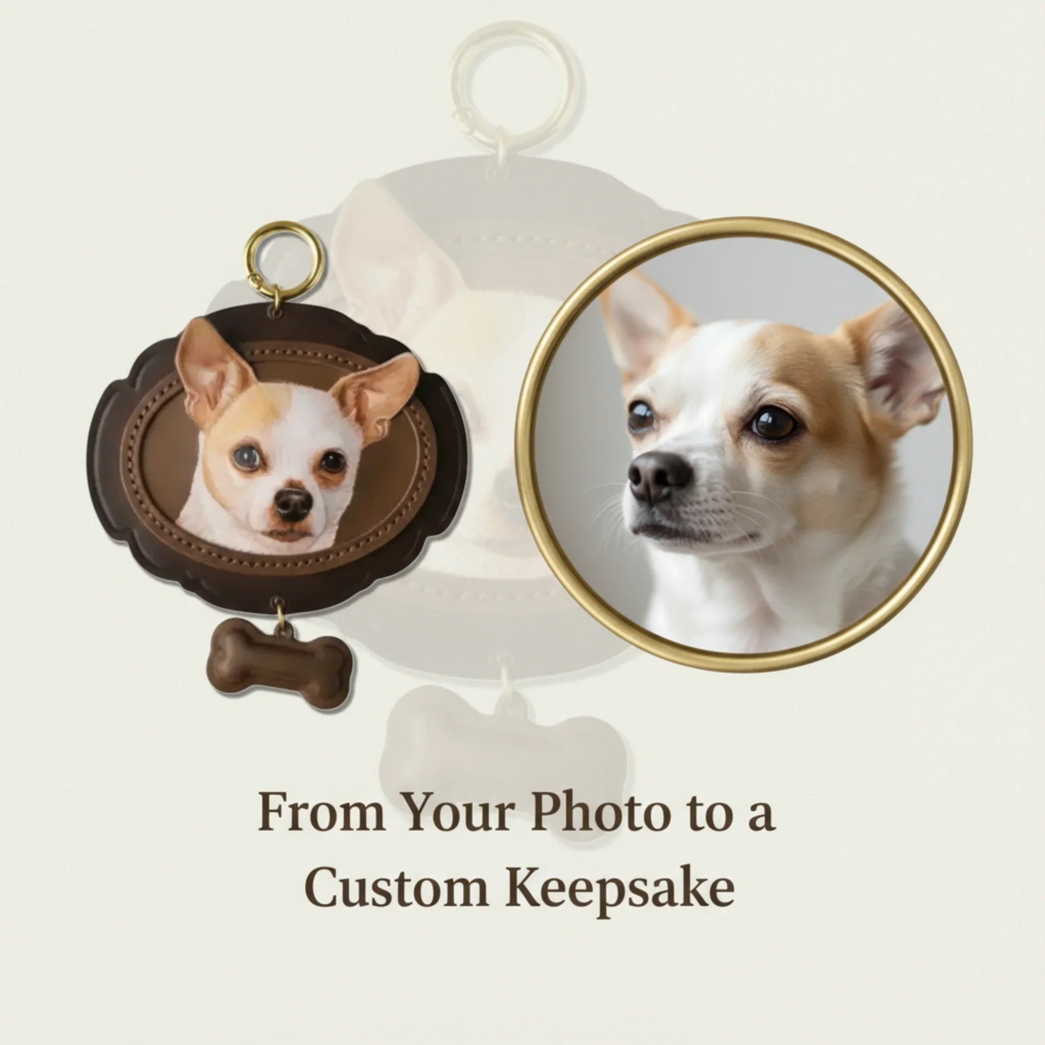 An image demonstrating the customization process, showing a customer's original photo of a Chihuahua on the right, and the final handcrafted leather pet portrait keychain created from that photo on the left.