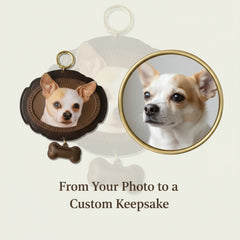 An image demonstrating the customization process, showing a customer's original photo of a Chihuahua on the right, and the final handcrafted leather pet portrait keychain created from that photo on the left.
