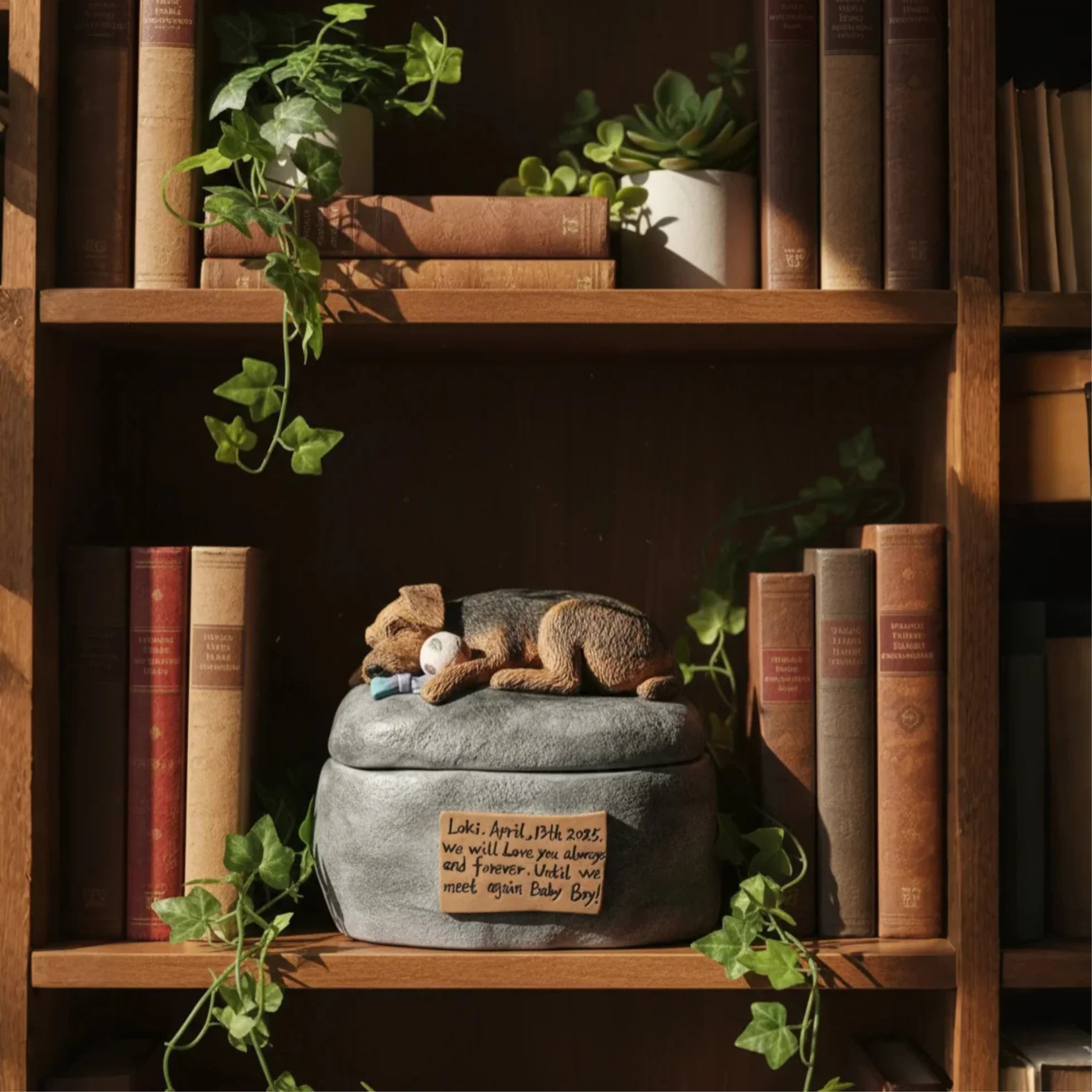 A handcrafted pet urn serving as a beautiful decorative memorial piece on a sunlit bookshelf.