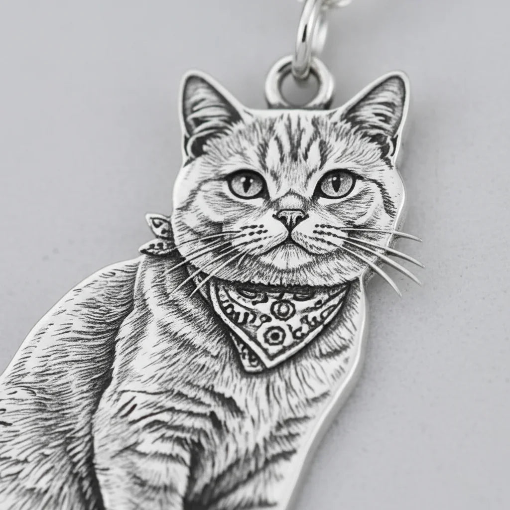 Extreme close-up of the fine engraving detail on a custom pet pendant, showing the cat's fur and whisker texture on 925 sterling silver.