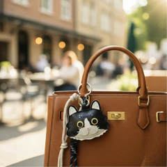 A custom cat leather keychain used as a bag charm, hanging from a brown leather handbag.