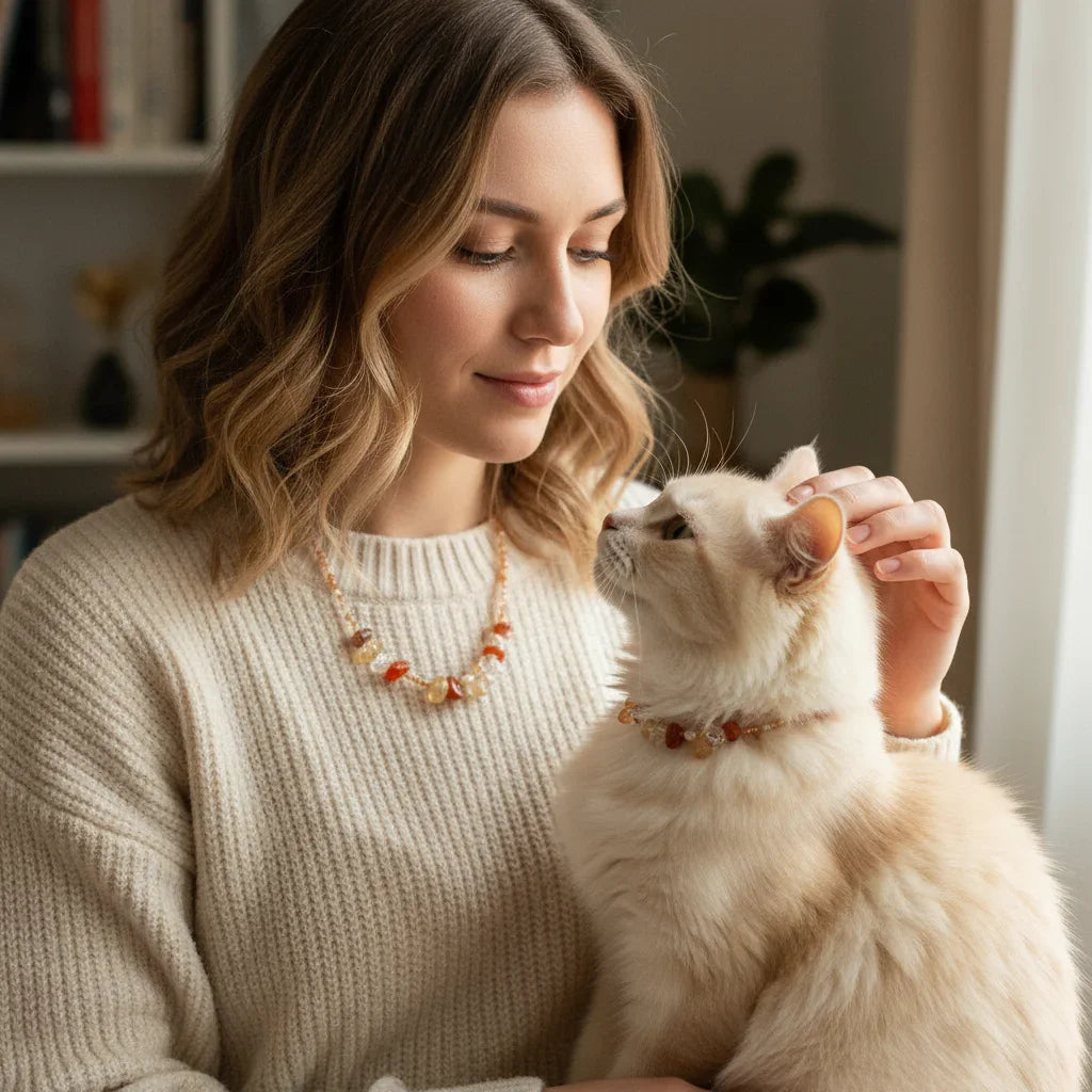 A woman and her cream-colored cat wearing matching orange and yellow faceted crystal necklaces, showing the warm bond between a pet and owner.