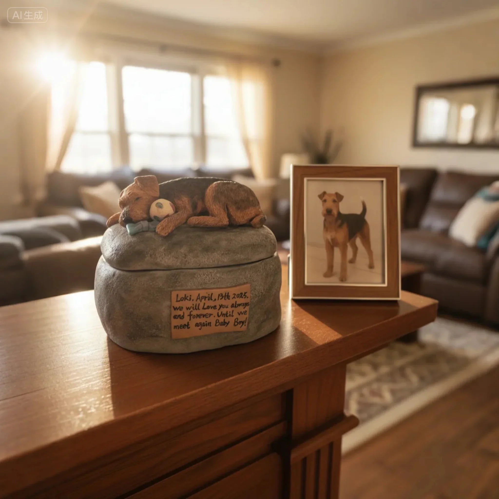 A custom dog memorial urn placed respectfully on a fireplace mantel next to a small photo frame.