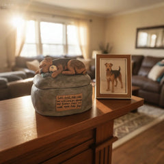 A custom dog memorial urn placed respectfully on a fireplace mantel next to a small photo frame.