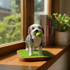 A custom pet memorial figurine sitting peacefully on a sunny windowsill, serving as a comforting presence in the home.