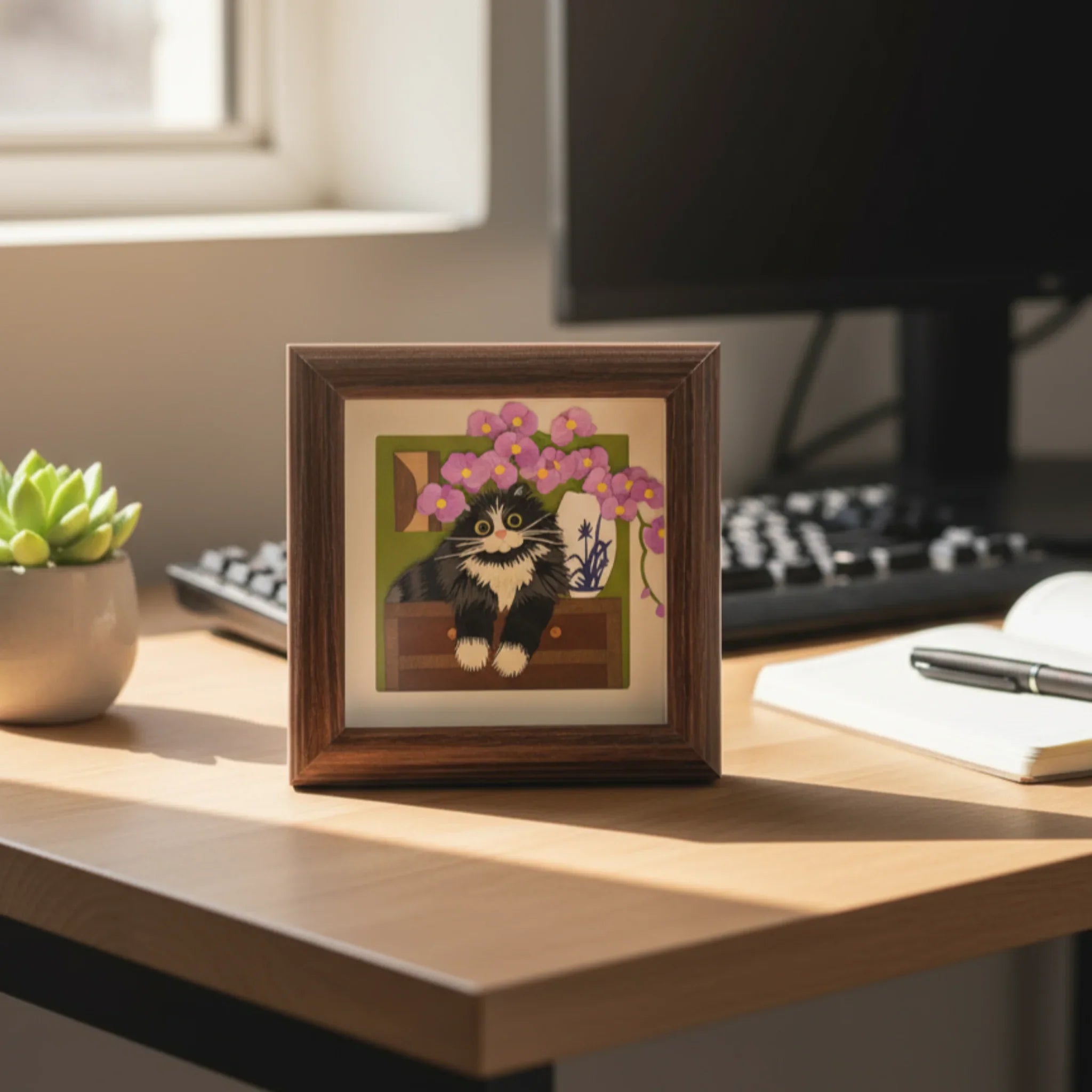 Staged Scene: Pet Memorial Framed Art placed in a cozy desk setting, paired with minimalist decor