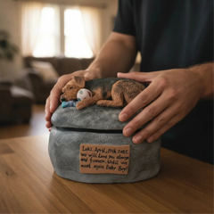 A view of the pet memorial urn with the sculpture lid removed, revealing the spacious and secure interior compartment designed to hold ashes.
