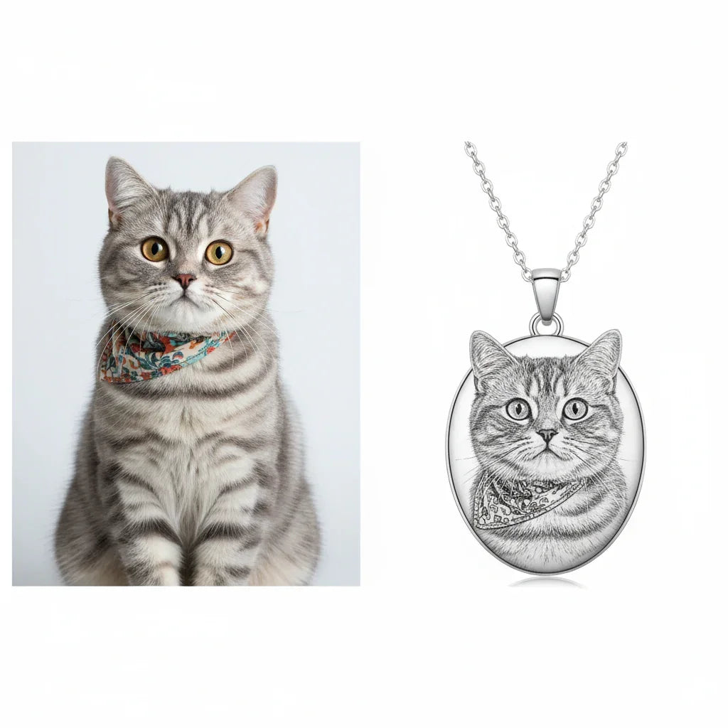  Comparison of a tabby cat photo on the left and the resulting custom engraved oval pet portrait silver necklace on the right.