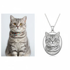  Comparison of a tabby cat photo on the left and the resulting custom engraved oval pet portrait silver necklace on the right.