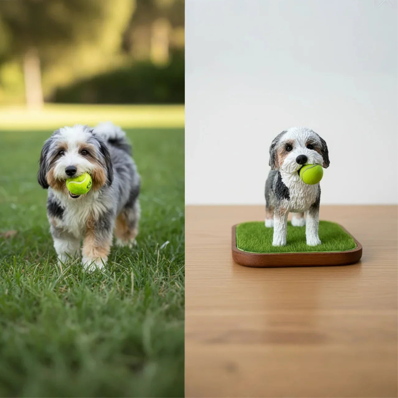 Side-by-side comparison of the real dog's photo and the incredibly detailed, lifelike custom memorial sculpture.