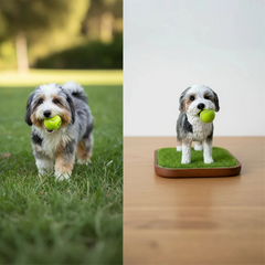 Side-by-side comparison of the real dog's photo and the incredibly detailed, lifelike custom memorial sculpture.